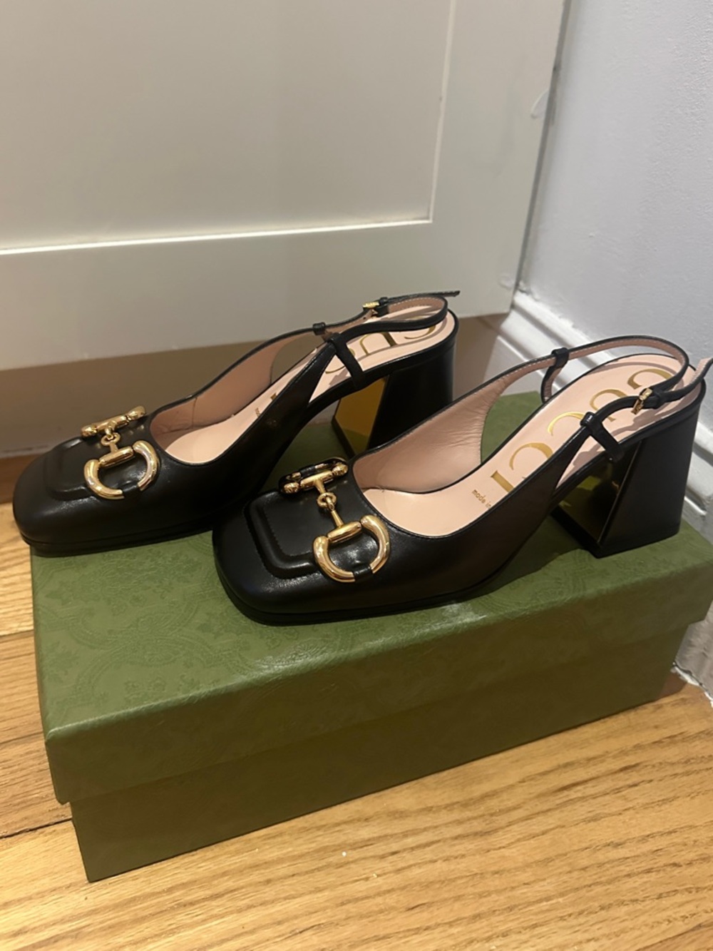 Gucci Black Leather Horsebit Slingback Pumps with Gold Hardware
